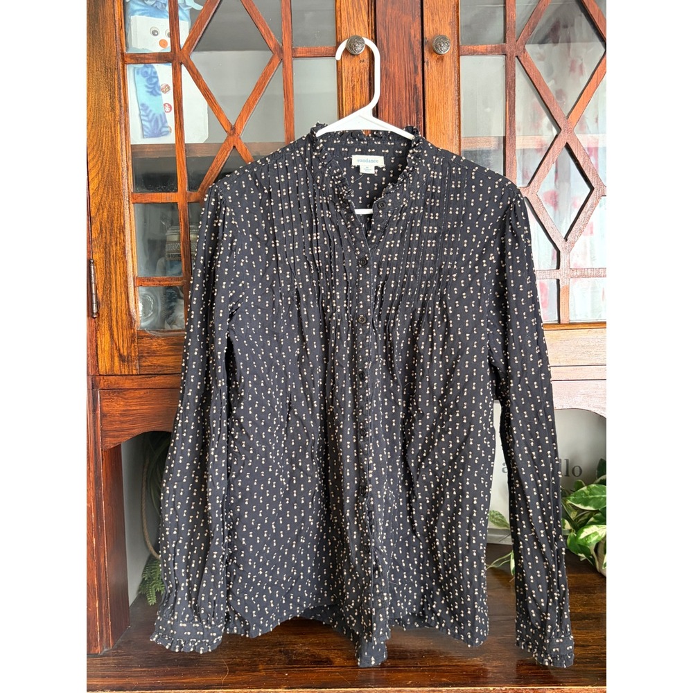 Sundance Womens Black Embroidered Pintuck Ruffle Neck Blouse Top Size M
